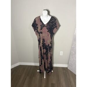 Tess 100% Silk Pink Navy Beige‎ Geometric Maxi Dress Long V-Neck Zip Size 10